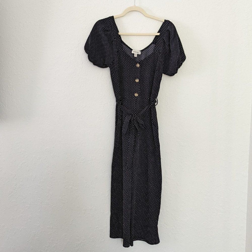 Women's Monteau Romper XS Dark Black White Polka Dots Capris Pant Button Pockets